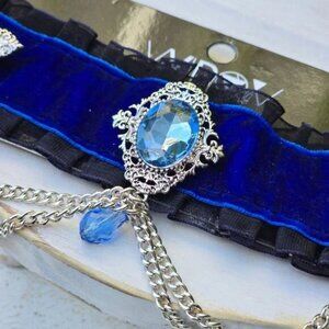 {NWT} Widow  Blue Velvet Victorian Choker Crystal Accents & Chain Details